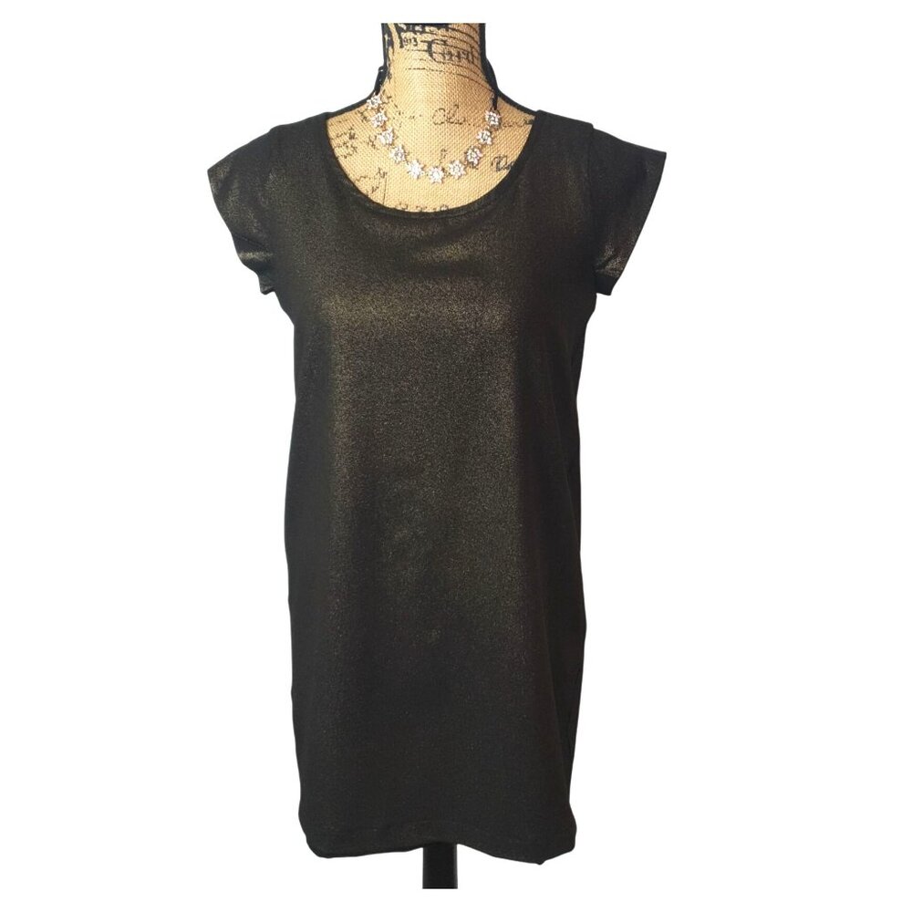 Bobi Womens XS Mini Dress Metallic Gold Black Shimmer Stretch Chic SS Keyhole